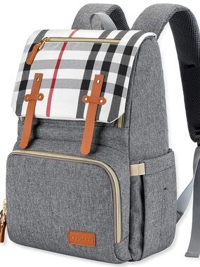 Espidoo Gray Plaid Accent Diaper Bag Backpack with Tan Trim